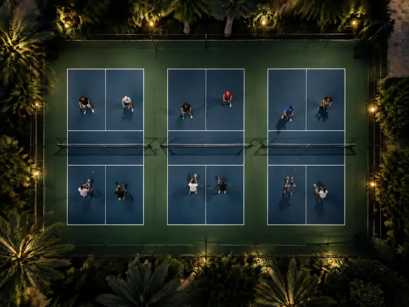 Aerial view of three floodlit pickleball courts with doubles games at night