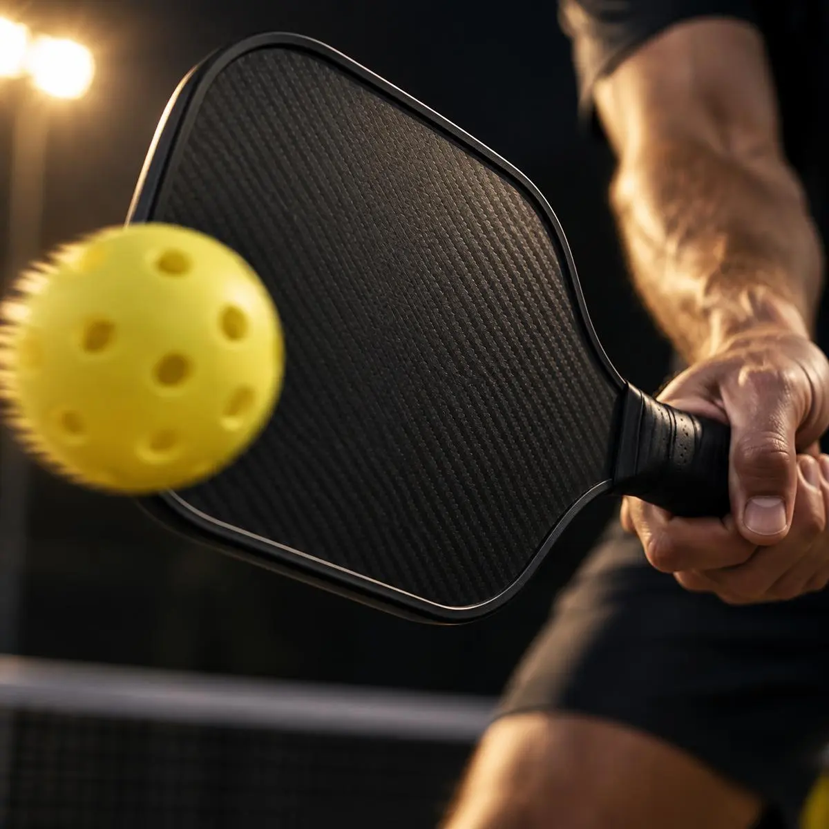 Pickleball paddle and ball resting on the court