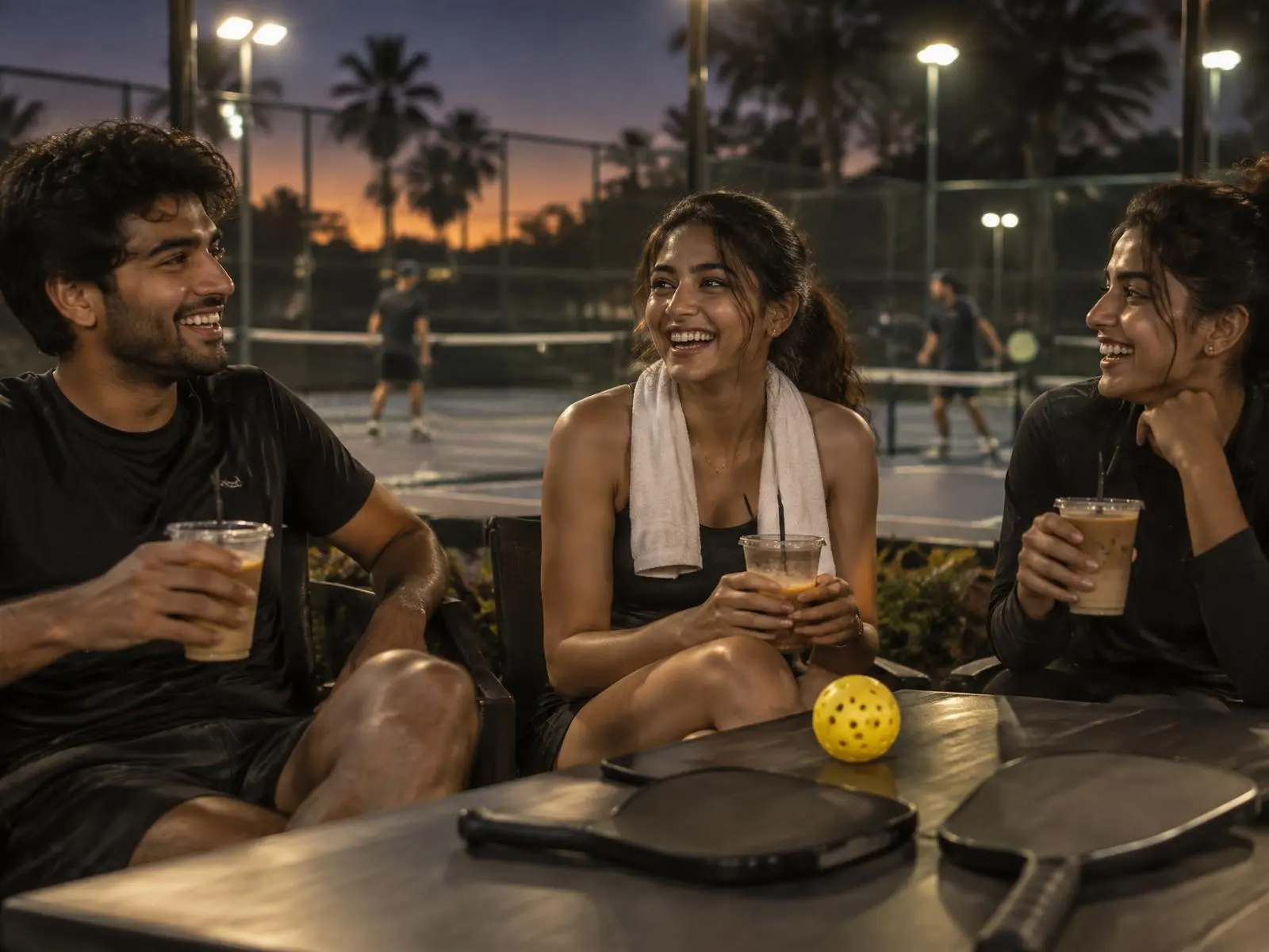 Friends with iced coffees and paddles courtside after a game